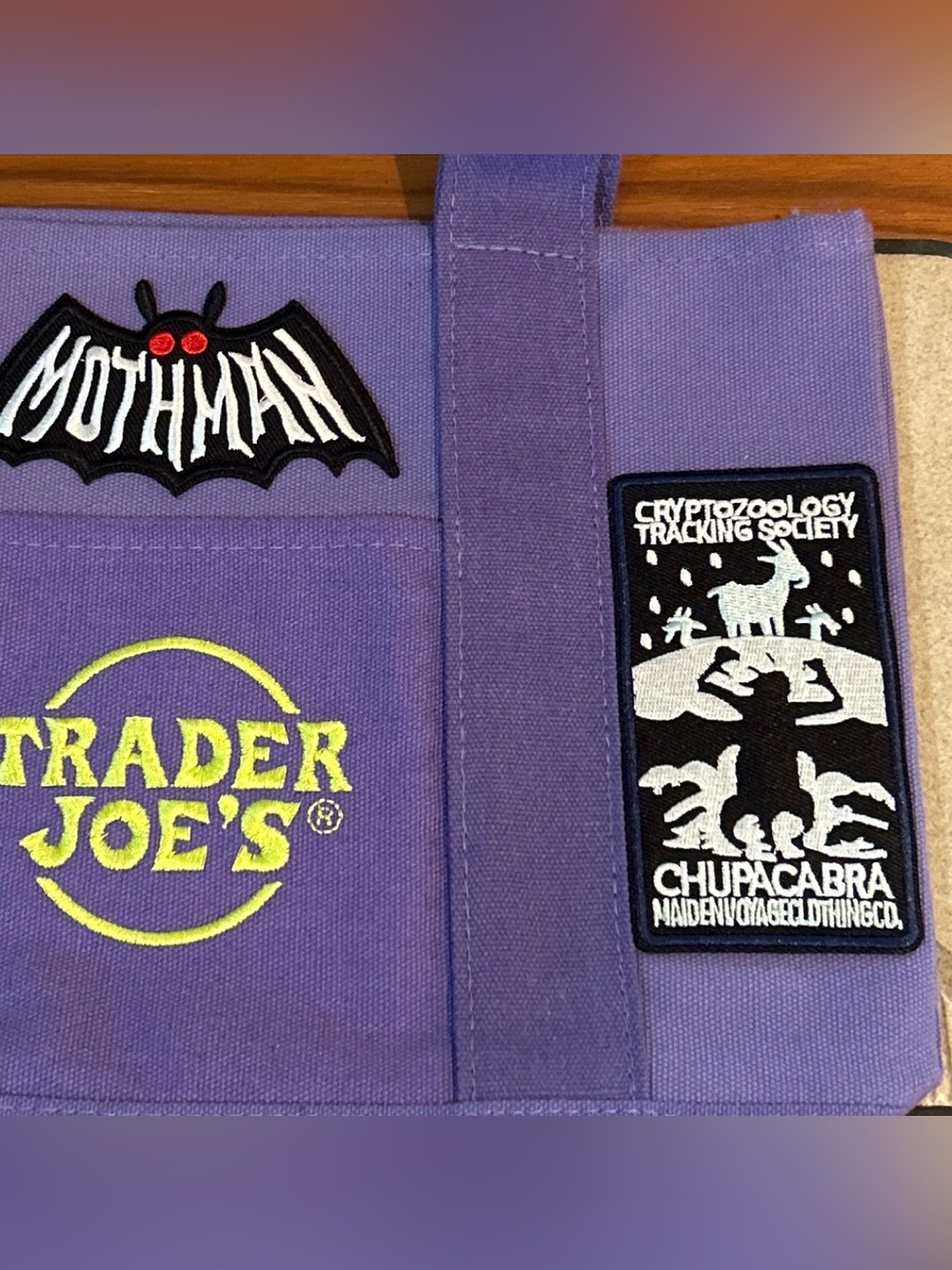 Upcycled Trader Joe's Purple Canvas Tote with Cryptid Patch Accents - Picture 3 of 5